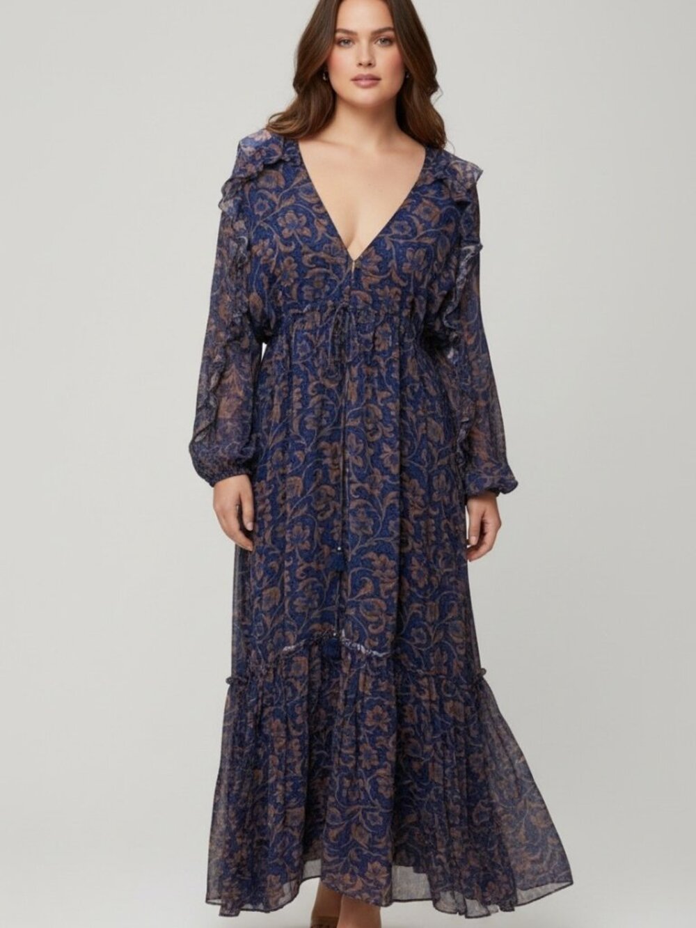 Figue Blue Floral Boho Maxi Dress Size M Long Sleeve Ruffle Tassel Resortwear